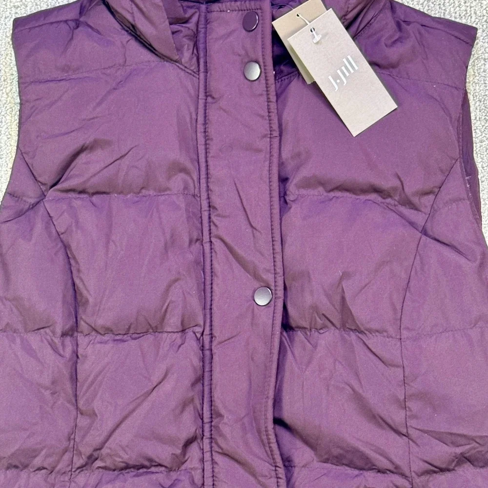 J.Jill Down Hooded Long Puffer Vest Plum Purple Snap Zip Sleeveless NWT XS‎